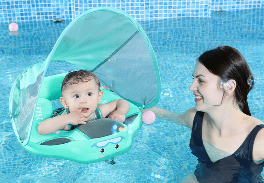 Bouée bébé non gonflable avec auvent anti UV Flamant Rose – Image 3