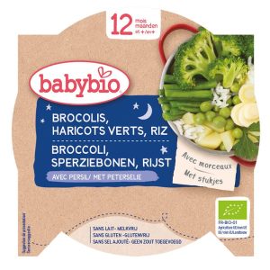 Repas bébé soir brocoli, haricots verts, riz et persil 230g dès 12 mois – Babybio