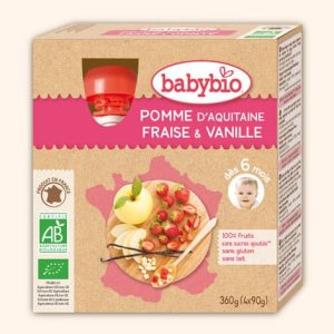 Panade de fruits bébé pomme, fraise et vanille 4x90g dès 6 mois – Babybio