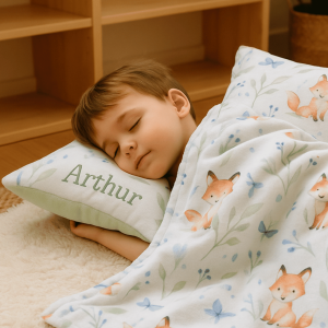 Pack sieste Coussin et plaid pour la crèche, la maternelle – Renard – en stock