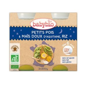 Panade bébé soir petits pois, maïs doux et riz 2x200g dès 6 mois – Babybio
