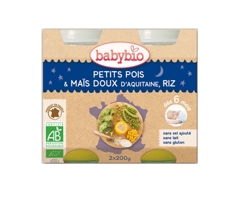 Panade bébé soir petits pois, maïs doux et riz 2x200g dès 6 mois – Babybio