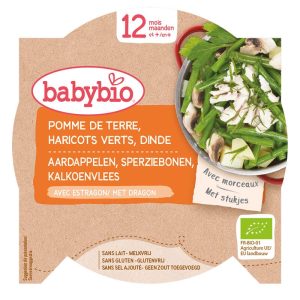 Repas bébé midi pomme de terre, haricots verts et émincé de dinde 230g dès 12 mois – Babybio
