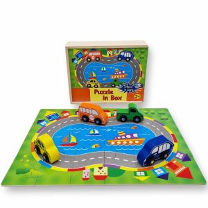 Puzzle circulation avec 4 voitures en bois (coffret)
